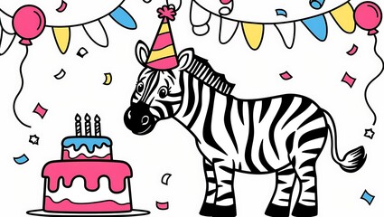 Obraz premium This delightful illustration features a charming and friendly zebra set against a clean white background, making it easy for kids aged 3-7 to color within the lines and explore their creativity. 