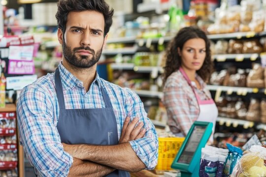 Young man owner facing Zero Waste Shop in Grocery Store.