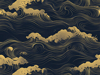 A golden and black pattern of Japanese waves, with the background being dark blue. 
