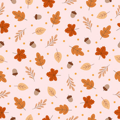 Seamless thanksgiving, fall, autumn pattern background with maple, leaves and acorns. Vector Illustration seamless pattern autumn theme.