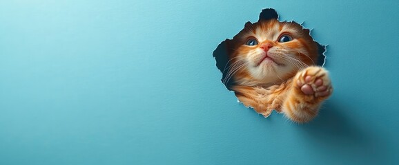 Cute Ginger Kitten Peeking Through a Hole in Blue Paper