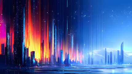 Futuristic Cityscape with Neon Lights and Skyscrapers