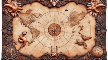 Vintage Leather Carved World Map with Compass and Globe