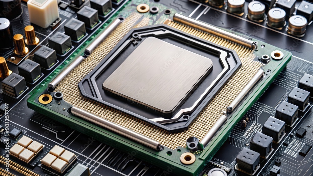 Poster Motherboard with processor on display, tech, circuit board, electronics, hardware, CPU, computer, technology