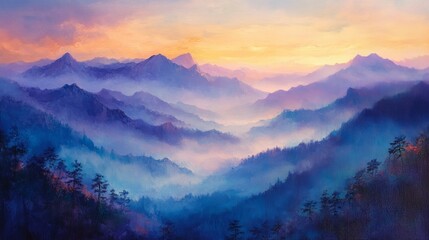 Obraz premium A Painting of Foggy Mountains at Sunrise