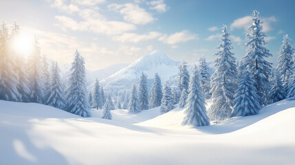 Naklejka premium Winter scenery with peaceful mood and snow-covered hills under blue sky