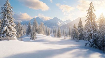 Obraz premium Winter landscape with serene atmosphere and snow-covered mountains in the background