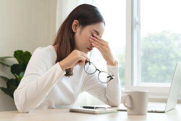 Eye problem concept, fatigue asian young woman tired eyes, irritated rubbing eye dry relief vision...