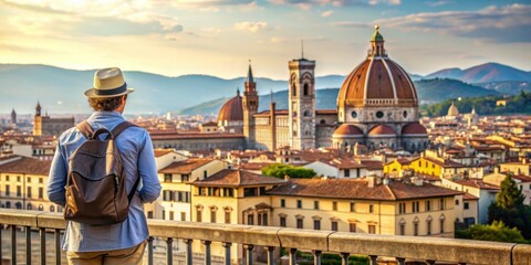 Obraz premium Sightseer exploring the historic landmarks of Florence, Italy with famous Duomo cathedral in the background, Florence