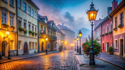 Misty morning on old European street with colorful buildings and warm streetlights glow , Europe, street, quaint, mist