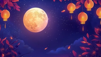 Fototapeta premium A full moon shines brightly in the night sky, surrounded by glowing lanterns and red leaves.