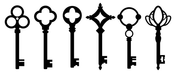 Black Isolate Antique key silhouettes vector design, Medieval and modern keys clip art, vintage , Gothic and Retro style graphic elements for Decoration, Classic illustration, Stock (Editable)