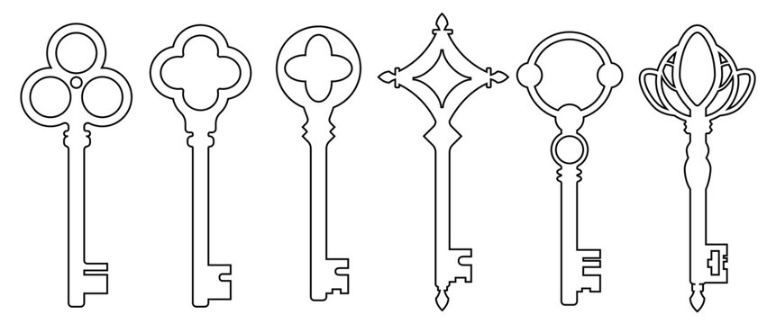 Black Outline Isolate Antique key silhouettes vector design, Classic modern keys clip art, vintage , Gothic and Retro style graphic elements for Decoration, Classic illustration, Stock (Editable)
