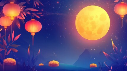 Lanterns glow under a full moon, celebrating the festival.