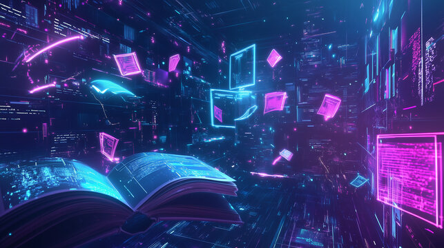 Open book in cyber environment with digital elements, e-learning theme