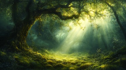 Sunbeams Illuminating a Lush Forest Floor