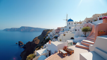 Obraz premium Breathtaking Aerial Views of Santorini at Sunset - Iconic White Buildings and Blue Domes Overlooking the Caldera