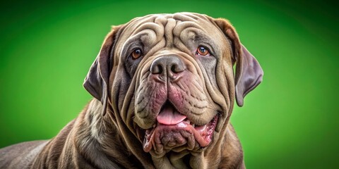 Obraz premium A gentle giant, a Neapolitan Mastiff poses with a warm smile, its wrinkled face and loose skin a testament to its ancient breed heritage, on a vibrant green backdrop.