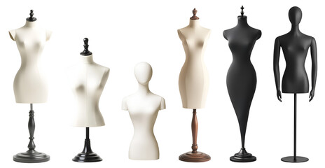 Collection of female woman mannequin dummy display on transparent cutout, PNG file. Many different model style range. Mockup template for artwork graphic design