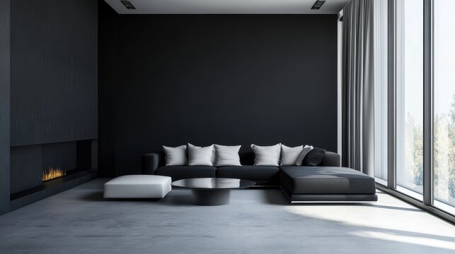Interior Modern Luxury Living Room with Black Feature Wall, Charcoal Sofa, and Glass Coffee Table