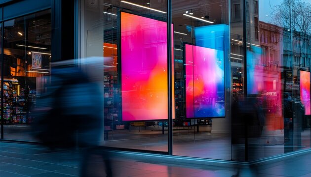 A bold Black Friday storefront mockup with large decals showing deep discounts, plastered across the entire window surface of a busy electronics store.