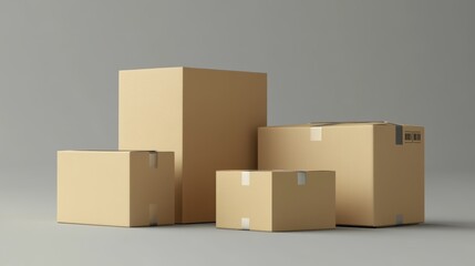 A collection of blank cardboard boxes in various sizes arranged on a neutral background, ideal for storage or shipping concepts.