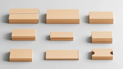 A collection of beige wooden blocks arranged on a light background, showcasing different sizes and shapes for creative design use.