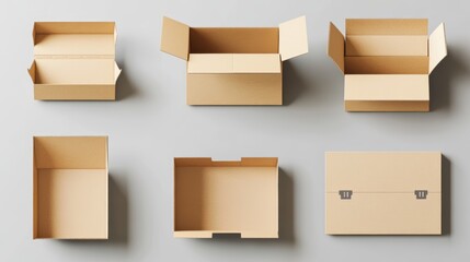 A collection of empty cardboard boxes in various open states displayed on a neutral background for packaging concepts.