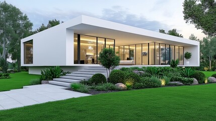 Modern White House with Large Windows and Green Lawn