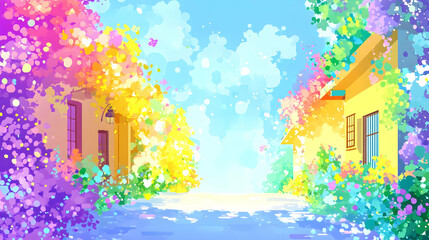 Colorful Street with Houses and Flowers in Watercolor Style