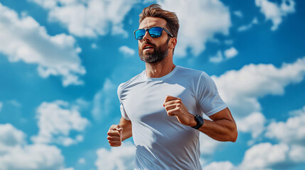 Fit young man is running outdoors on a sunny day with a beautiful blue sky and white clouds
