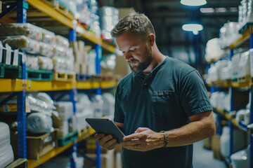Efficient man in factory setting using tablet for work tasks
