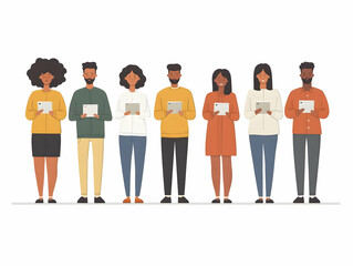 Obraz premium Flat Voters Analyzing Candidate Fact Checks: Wide Shot of Attentive Voters Engaged with Information Integrity in Elections - Vector Illustration
