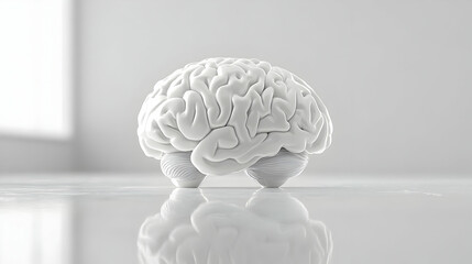 3D Glossy White Brain Outline Concept - Wide Shot of Rotating Brain on Reflective Surface for Mental Health Awareness - Isolated Icon on White Background