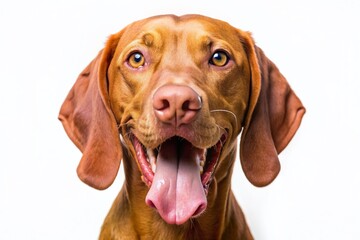 A playful Hungarian Vizsla dog sticks out its tongue, looking goofy and adorable, on a clean white background with a joyful and carefree expression.