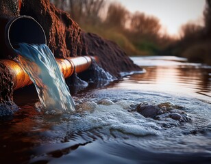 Chemical spillage into a river from an industrial drainage pipe: an ecological disaster. Generated with AI
