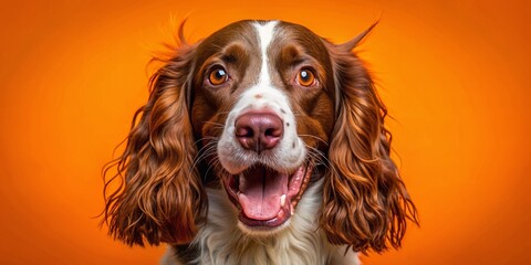 Vibrant orange backdrop highlights enthusiastic English Springer Spaniel's joyful expression, floppy ears, and curly tail, perfect for pet care, animal lovers, and funny dog moments.