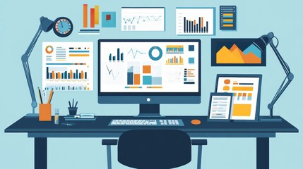 A modern workspace with computer screens displaying data charts, analysis tools, and office essentials for productivity.