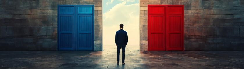 A person stands before two contrasting doors, symbolizing choices and opportunities in life. Embrace decision-making moments.