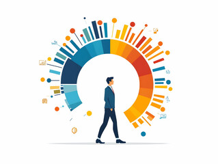 Flat Vector Illustration of a Circular Progress Bar Tracker for Campaign Promise Fulfillment - Camera Rotates, Showing Percentage of Promises Met, Isolated on White for Detailed Breakdown