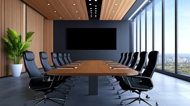 Modern Conference Room Interior Design with Wooden Walls  Black Chairs  and City View
