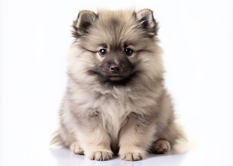 Adorable little fluffy Keeshond puppy with big brown eyes and cute nose, sitting on a white background, leaving ample copy space for text or design.