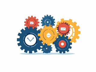 Flat Vector Illustration of Interlocking Gears Featuring Political Party Symbols in Motion, Representing the Political Process with Space for Party Labels