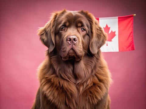 Adorable brown Newfoundland dog sits proudly in front of a bold salmon pink background, wearing a small Canadian flag, showcasing national pride.