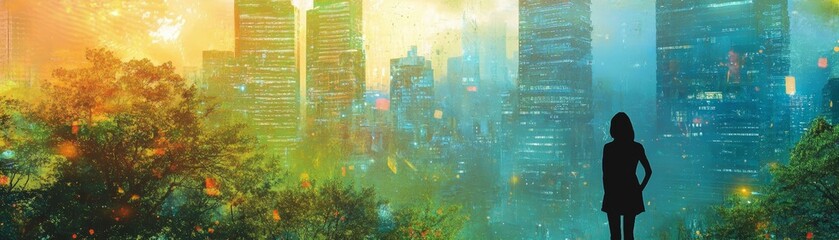 Obraz premium A silhouette stands against a vibrant city skyline, blending nature and urban life in a colorful sunset.