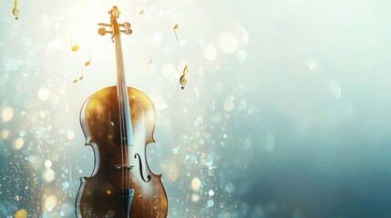 classical wooden cello as the central element, set against a minimalistic and soft background with subtle golden or light blue tones.