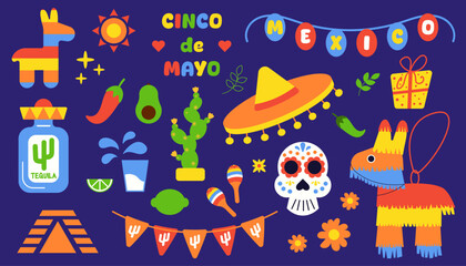 Fototapeta premium Cinco de Mayo illustration with various symbols sombrero, pinata, tequila bottle, maracas, sugar skull, cactus, traditional decorations. Festive and joyful spirit of Mexican holiday
