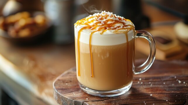 Glass of hot caramel latte with a caramel drizzle and a sprinkle of sea salt on top.