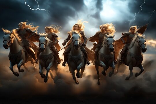 An epic depiction of the Norse mythology Valkyries, fierce warrior maidens, riding majestically on horseback during a storm with lightning illuminating the sky.