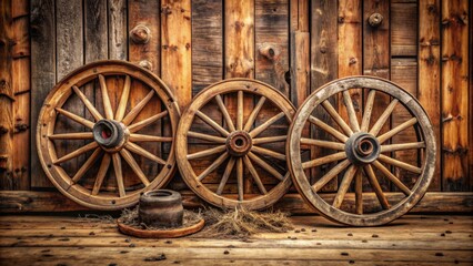 Old wooden cart wheels on a rustic background , vintage, retro, antique, transportation, wagon, farm, countryside